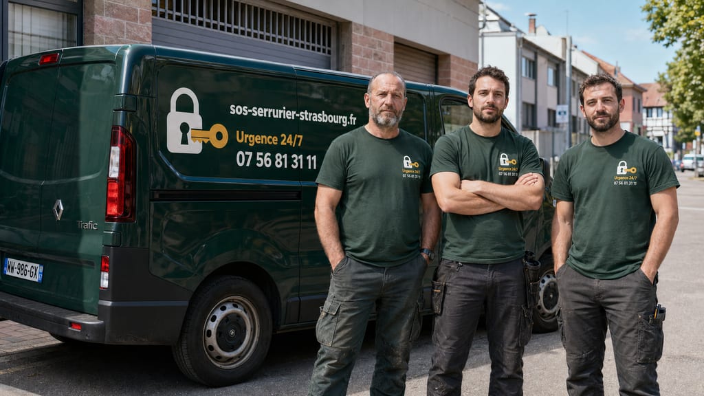 L'équipe SOS Serrurier Strasbourg devant son véhicule d'intervention dans une rue strasbourgeoise